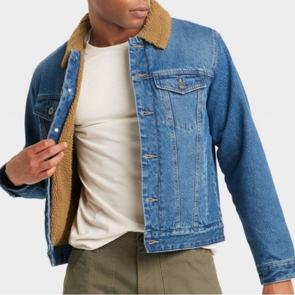 NWT Men's Goodfellow And Co. Blue Denim With Brown Faux Shearling Lined Jacket
